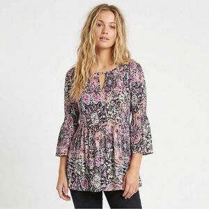 Floral & Ivy Pink Black Print Keyhole Blouse Small 3/4 Sleeve Boho Work Casual
